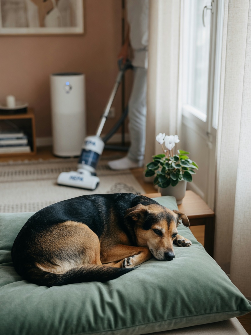 Dog resting comfortably at home with air purifier visible, representing home management of chronic bronchitis