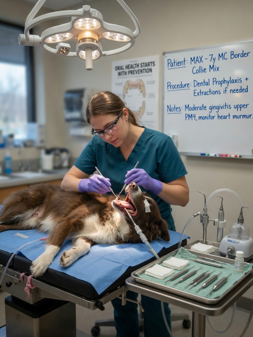 Veterinarian performing professional dental examination on an anesthetized dog with surgical instruments
