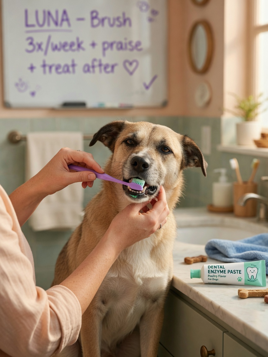 Dog owner brushing a dog's teeth with dog-specific toothpaste as part of home dental care routine