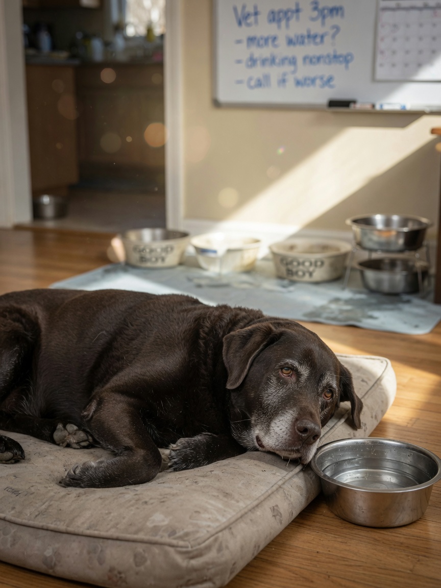 Senior dog with lethargy and increased thirst, signs commonly associated with chronic kidney disease