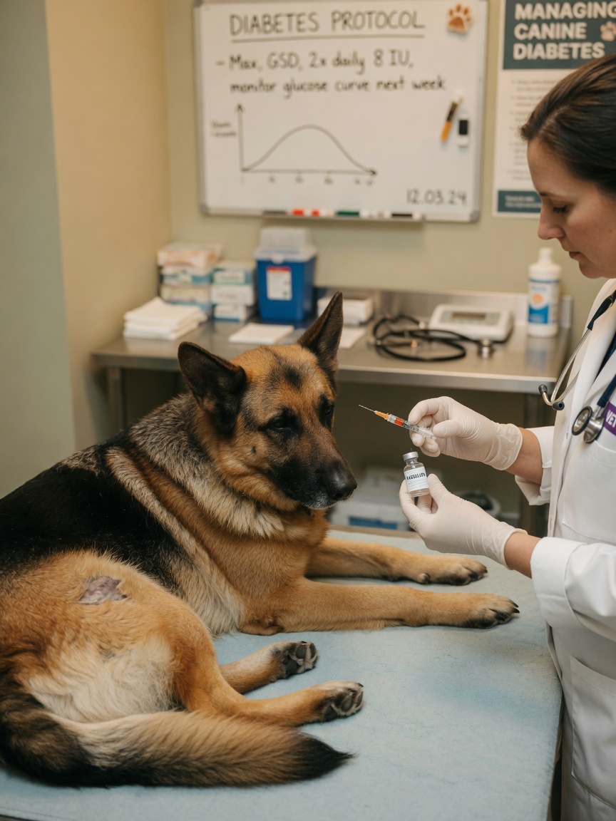 Veterinarian administering insulin injection to a German Shepherd during diabetes treatment management