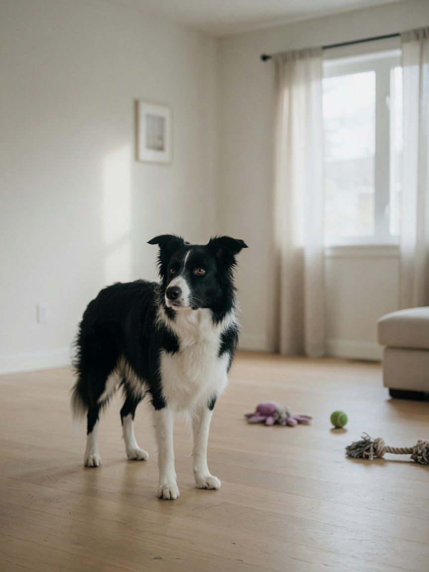 Black and white Border Collie standing alone in a sparse, quiet living room with minimal enrichment, showing signs of boredom