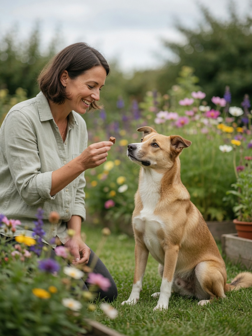Owner kneeling in garden with calm dog focused on treat during positive reinforcement training session