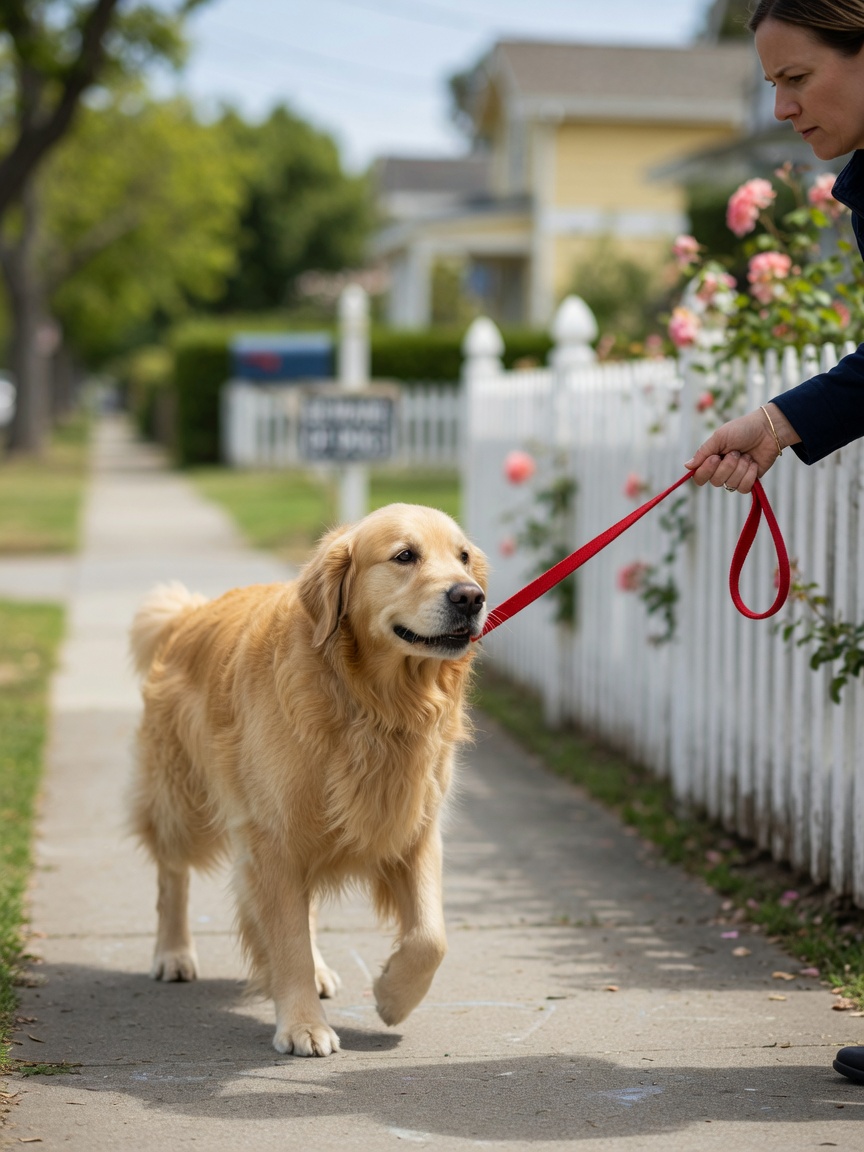 Dog owner properly controlling and restraining their leashed dog on a city sidewalk