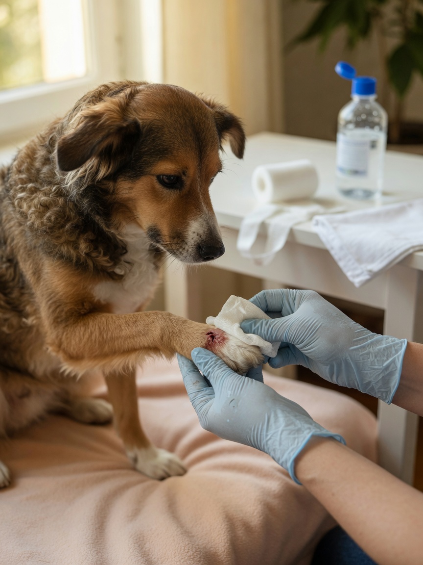 Owner applying pressure to a dog bite wound with clean gauze pad during first aid care
