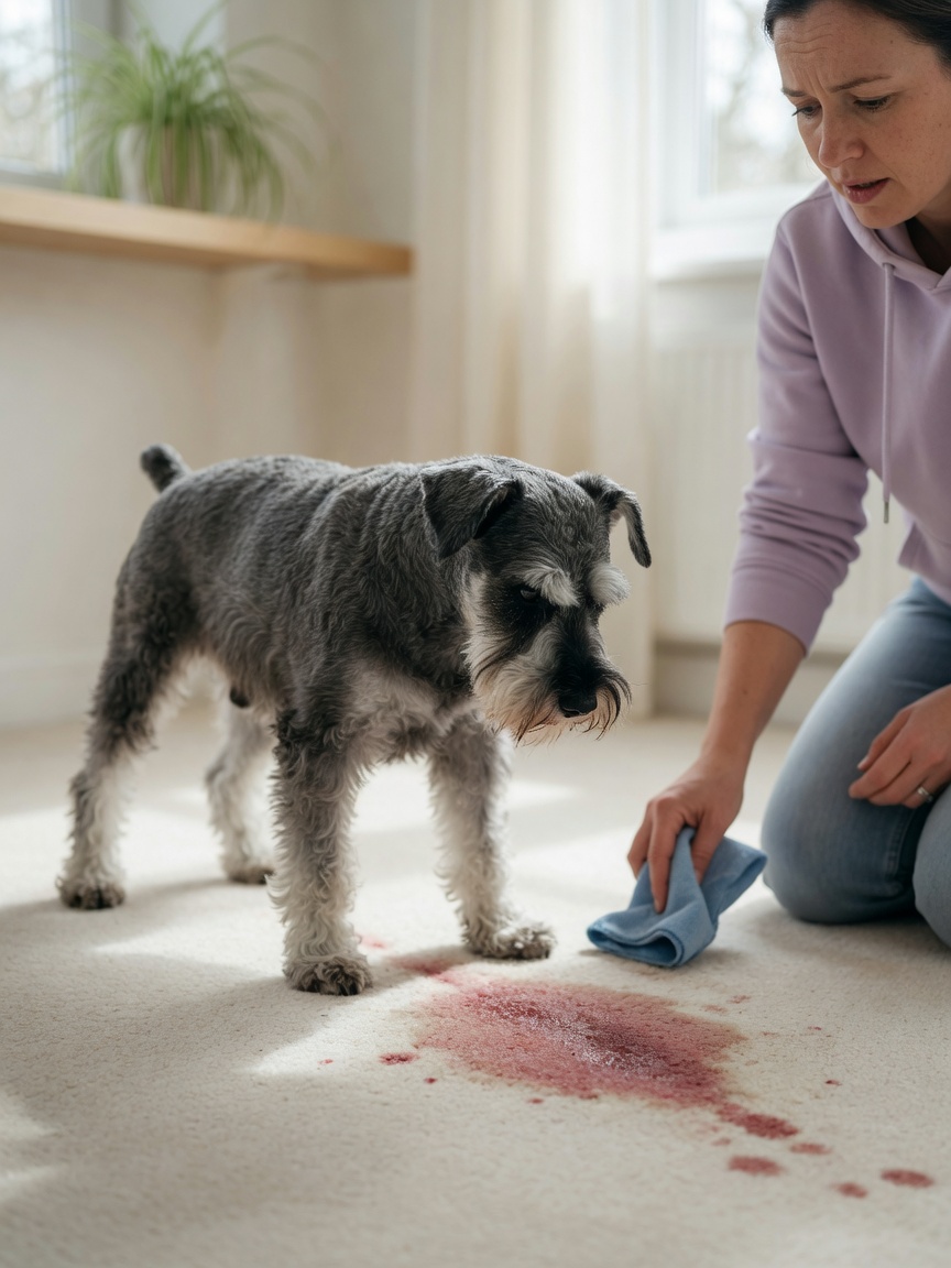 Miniature Schnauzer showing symptoms of bladder stones with visible discomfort during urination accident indoors