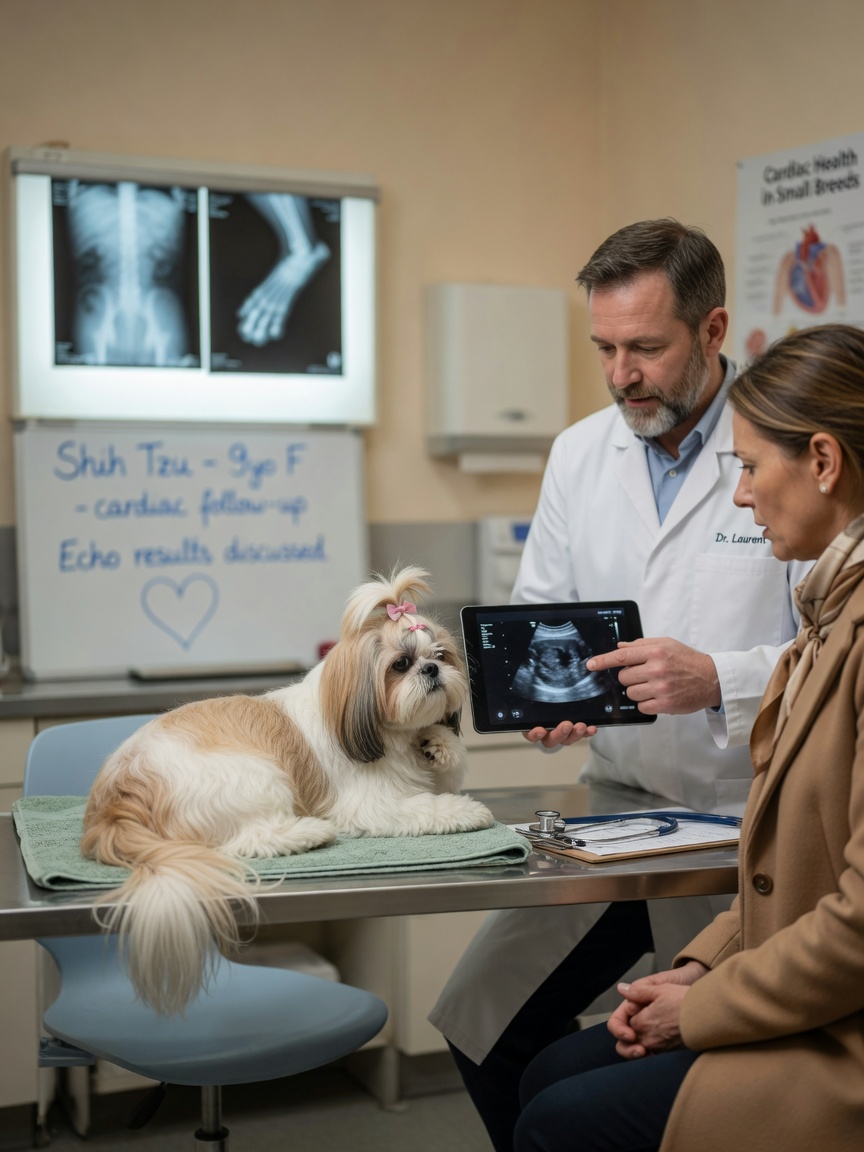 Veterinarian reviewing diagnostic ultrasound results with dog owner while Shih Tzu sits on examination table