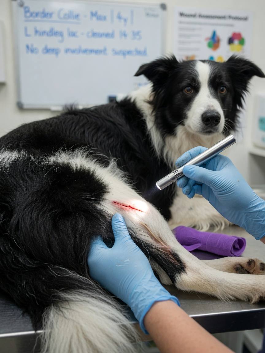 Veterinarian examining and assessing a minor wound on a border collie's leg with penlight
