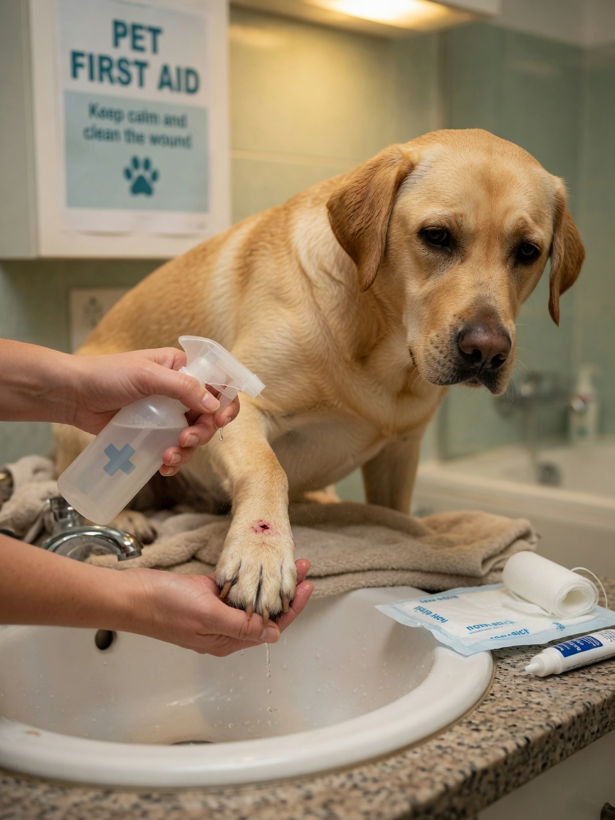 Dog owner flushing and cleaning a minor wound on a labrador's paw with saline solution