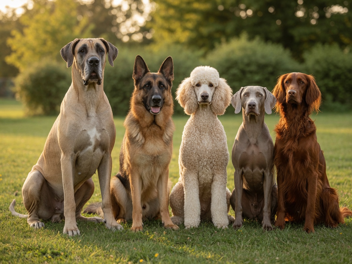Multiple large deep-chested dog breeds including Great Dane, German Shepherd, and Irish Setter grouped together outdoors