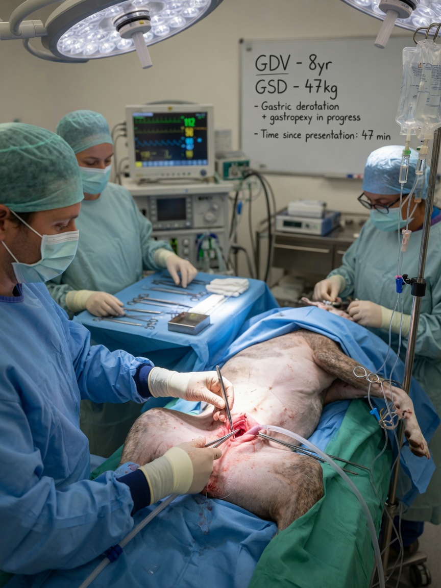 Veterinary surgical team performing emergency GDV surgery on dog under bright operating room lights