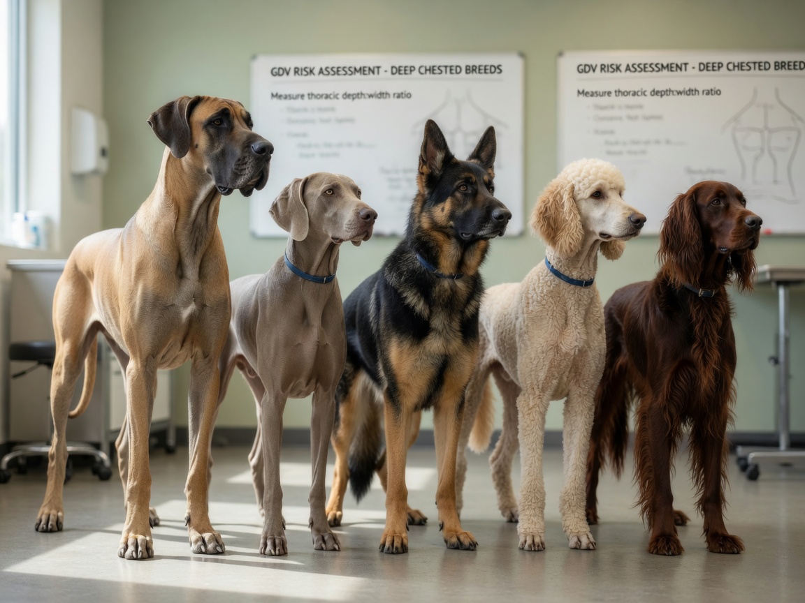 Multiple high-risk dog breeds for GDV including Great Dane, Weimaraner, German Shepherd, Standard Poodle, and Gordon Setter showing characteristic deep chest anatomy