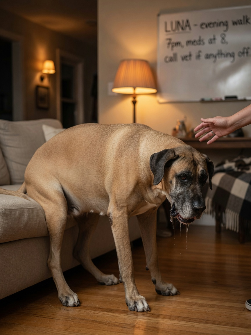 Dog displaying multiple GDV warning signs including abdominal distension, hunched posture, restlessness, and pale gums at home