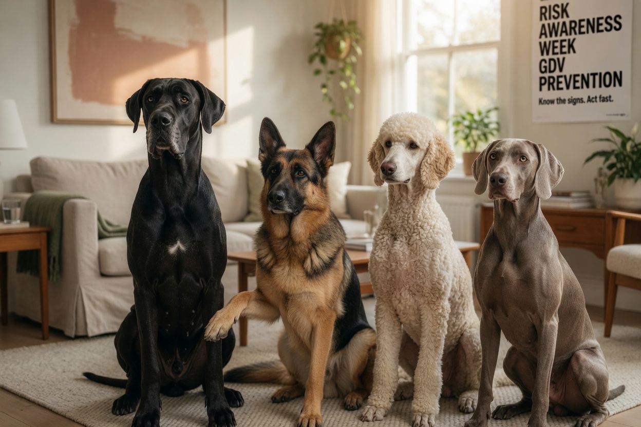 Four high-risk dog breeds for GDV sitting together in a home environment