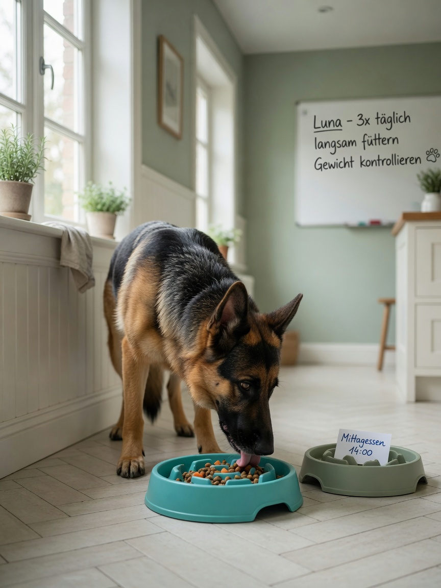 A German Shepherd eating calmly from a slow-feeder bowl in a quiet feeding area