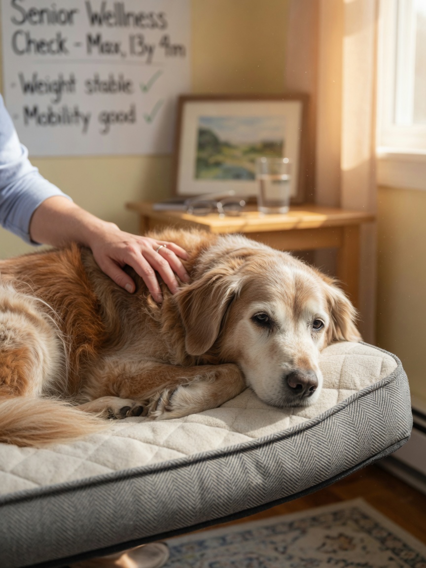 Cão golden retriever sênior descansando confortavelmente enquanto veterinário examina suavemente o animal à luz morna da janela