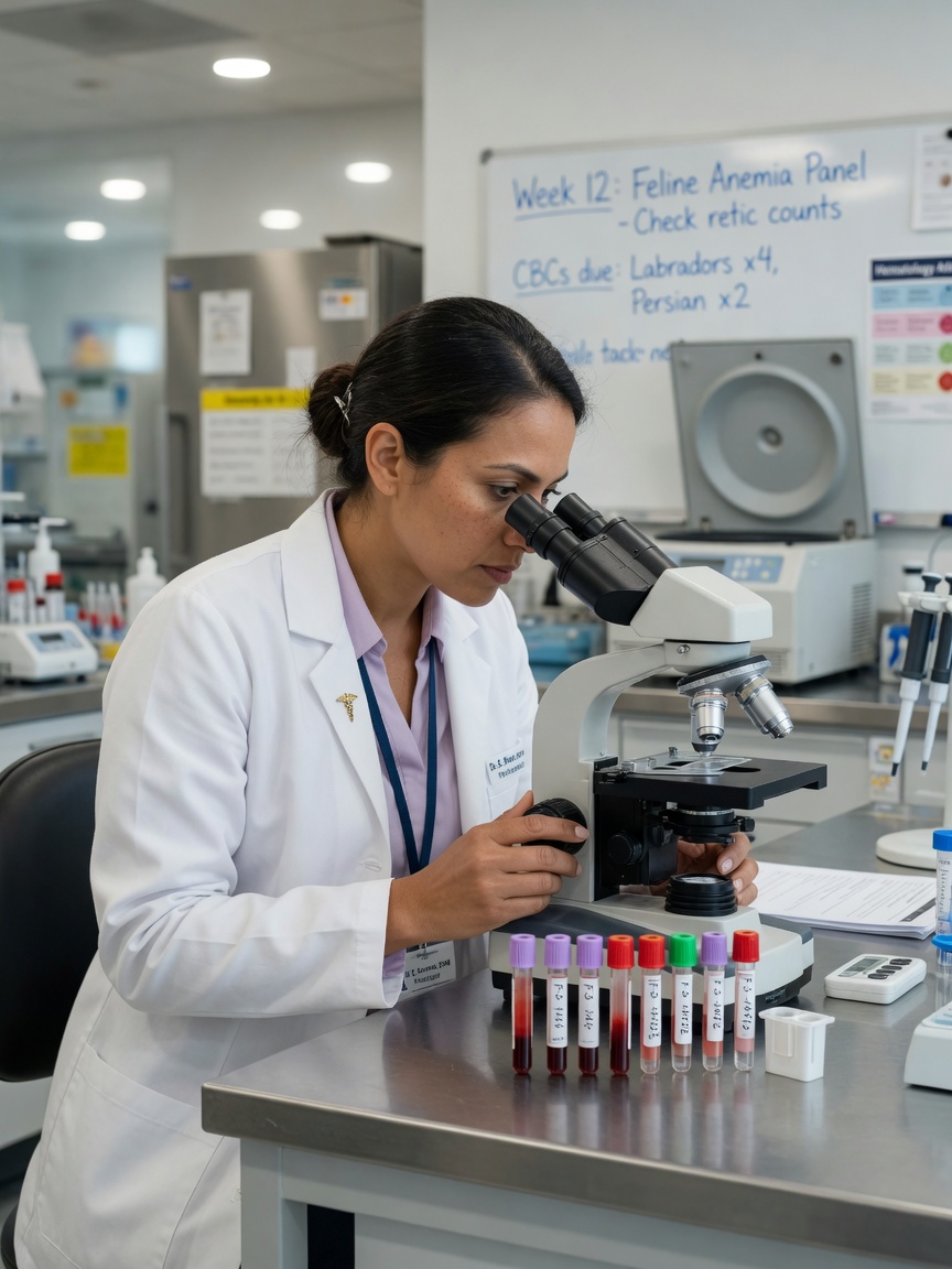Patologista veterinário examinando amostras de sangue sob microscópio de laboratório com tubos de coleta visíveis na bancada