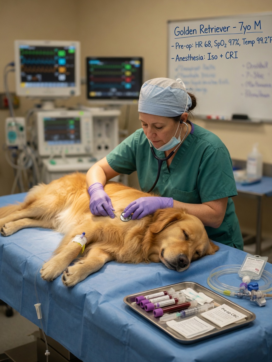 Veterinarian preparing a sedated dog for pre-anesthetic blood work before surgery