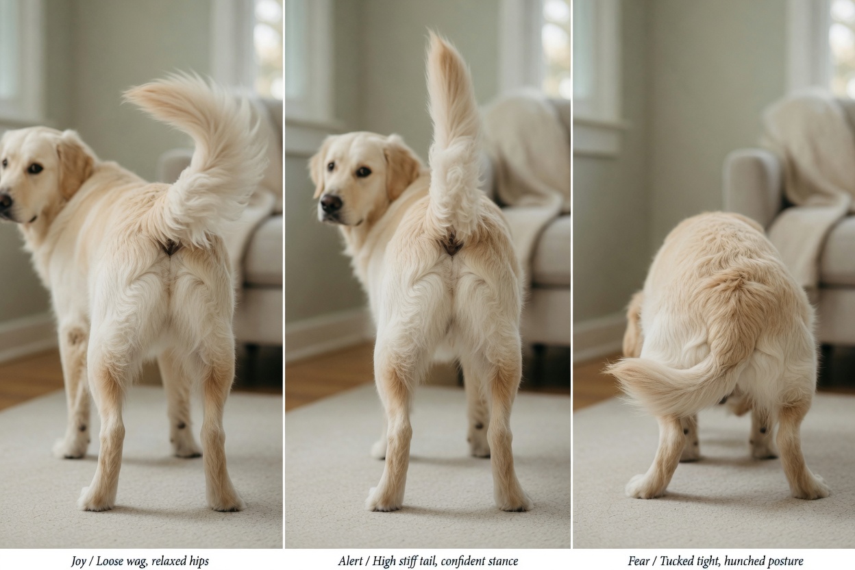 Detailed view of a Golden Retriever's tail in different positions showing happy wag, alert stiffness, and fearful tucking