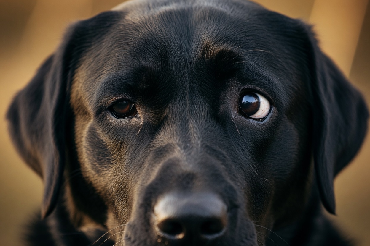 Close-up of a black Labrador's eyes showing contrast between soft trusting gaze and whale eye stress signal