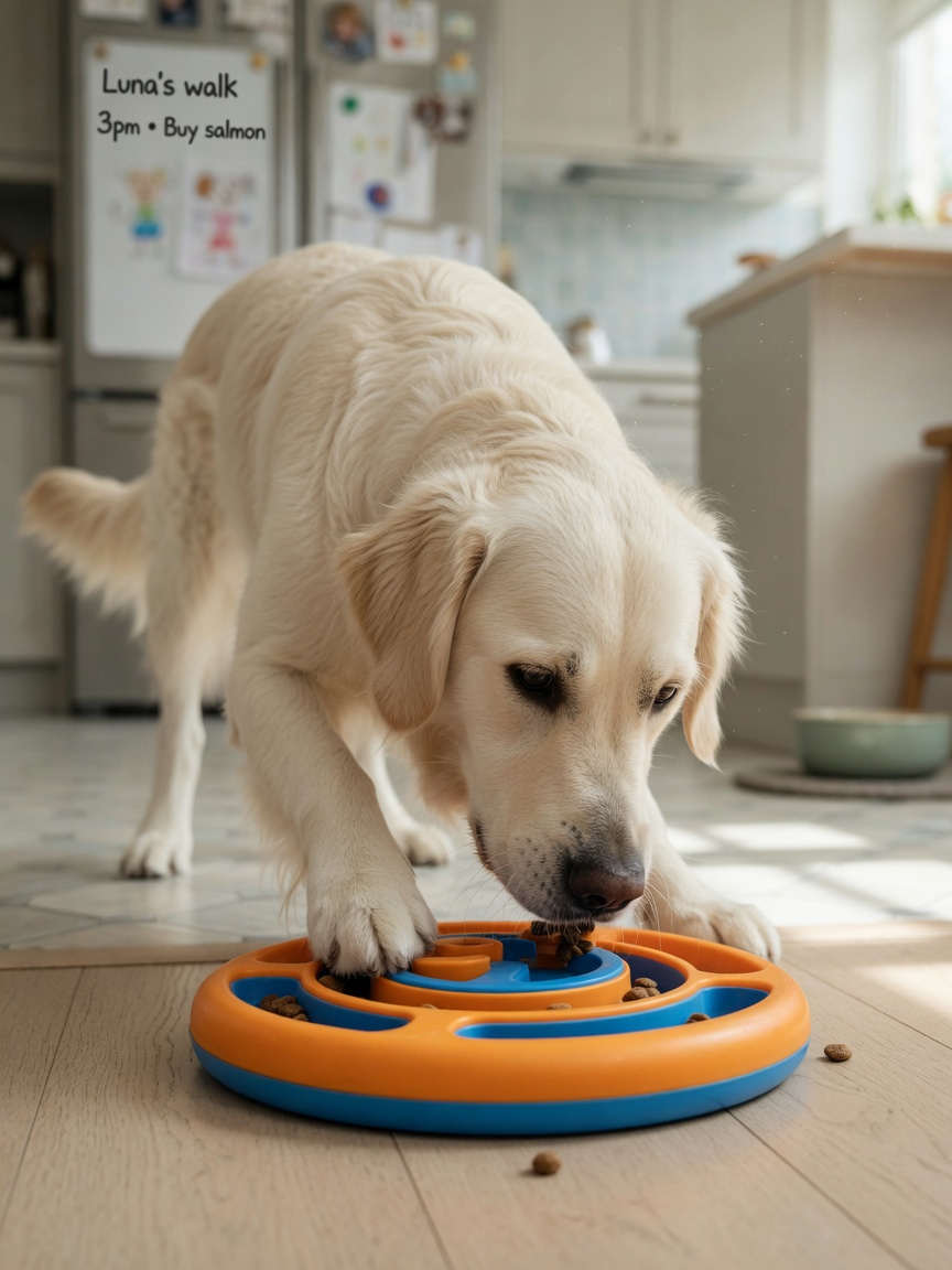 Golden Retriever concentrating intensely while solving a puzzle feeder toy