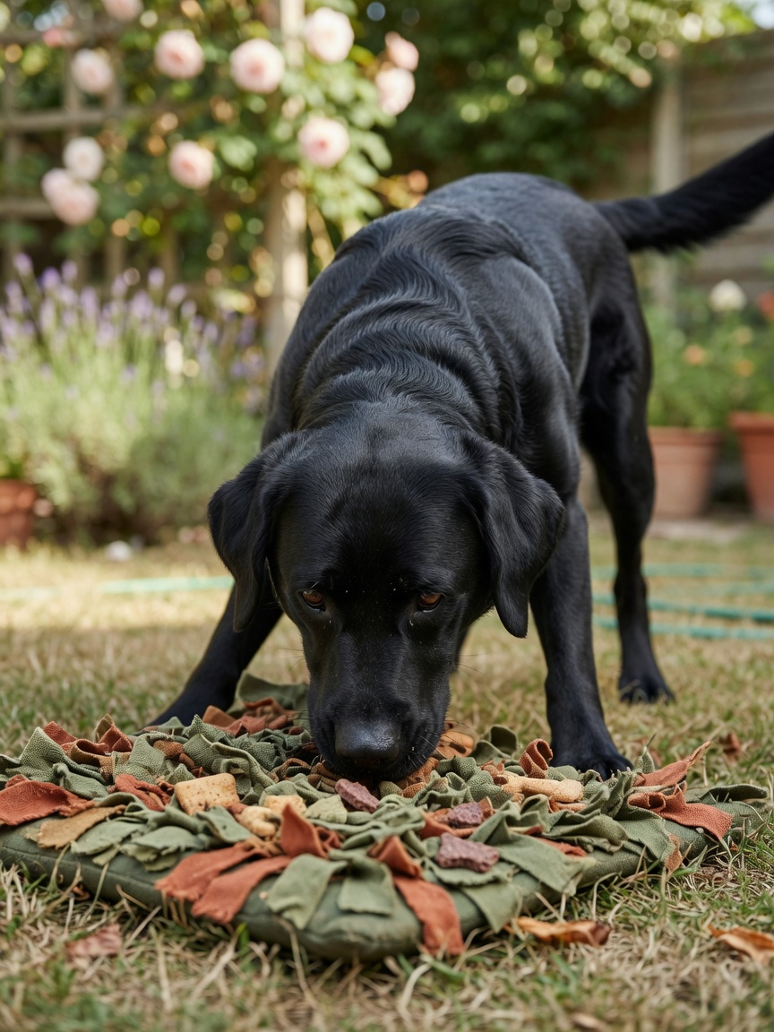 Black Labrador engaged in mental enrichment with nose work sniff game
