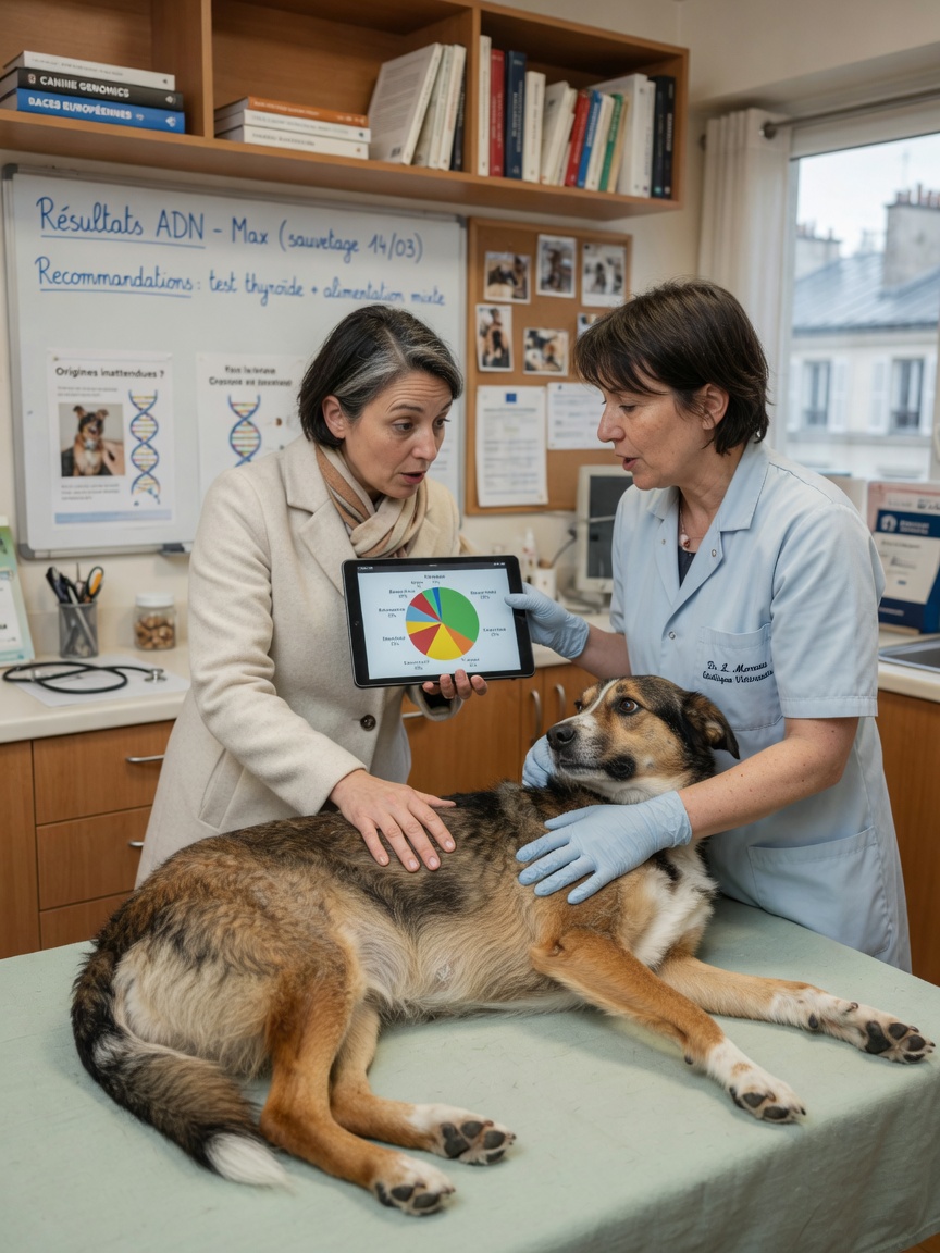 Veterinarian discussing DNA breed ancestry results with dog owner during consultation