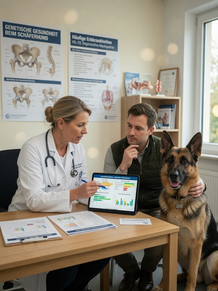 Veterinarian reviewing genetic health markers and disease risk factors with dog owner during consultation