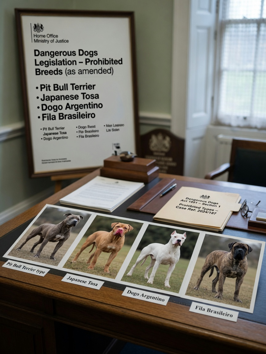 Representation of four banned dog breed types in an official government office setting