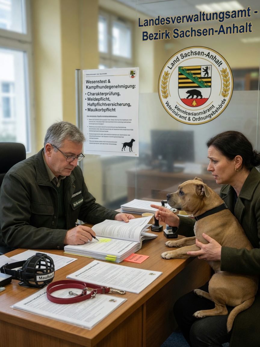 German administrative office scene showing permit review process for restricted dog breed with required equipment like muzzle and lead