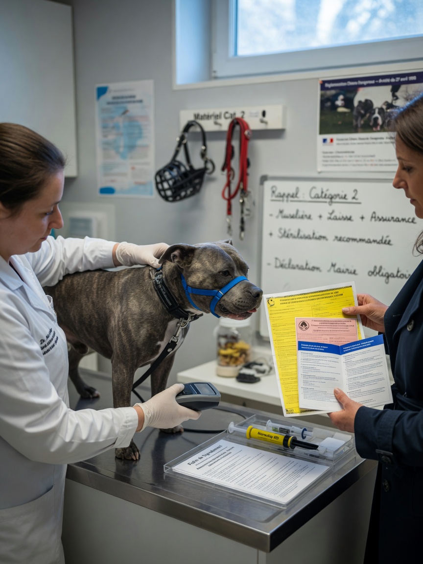 French veterinary clinic showing examination of restricted dog breed with required documentation, microchipping equipment, and protective gear