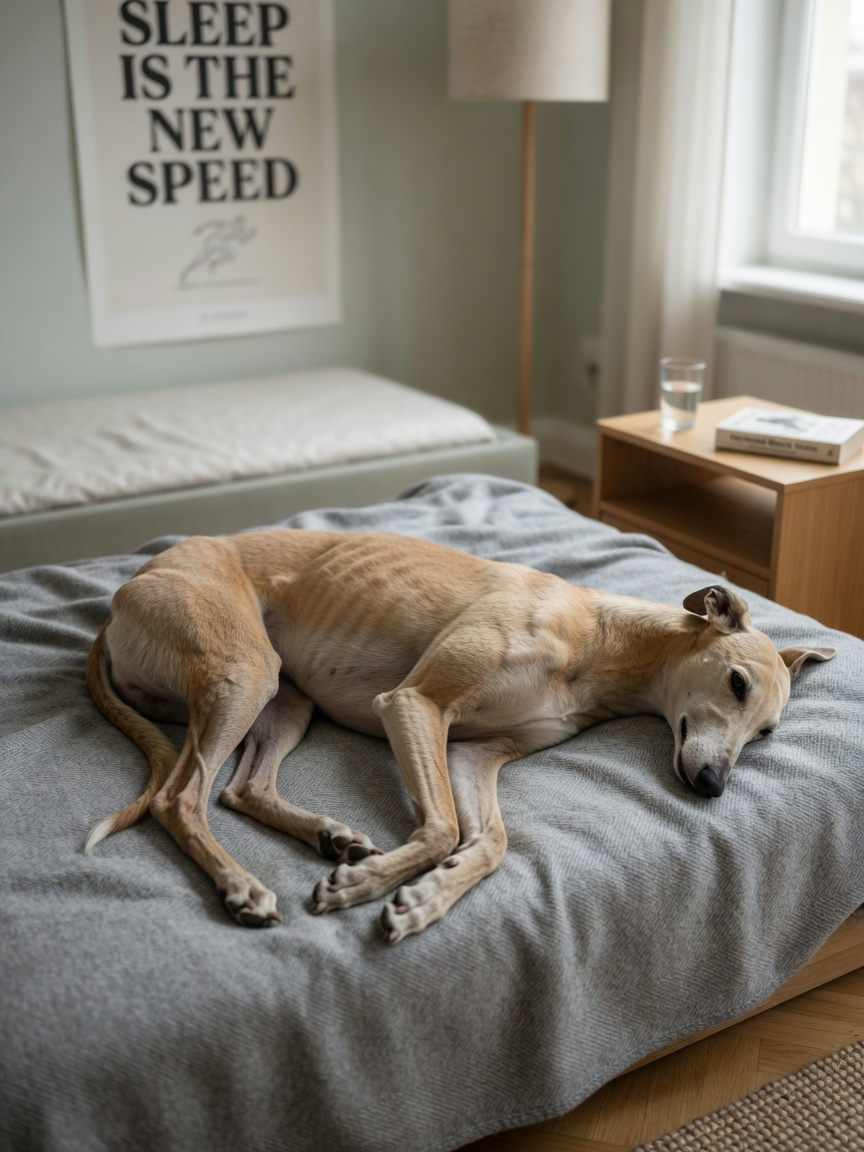 Galgo aposentado com pelagem fulva descansando pacificamente em um cobertor em um apartamento moderno, exemplificando o temperamento calmo da raça em interiores
