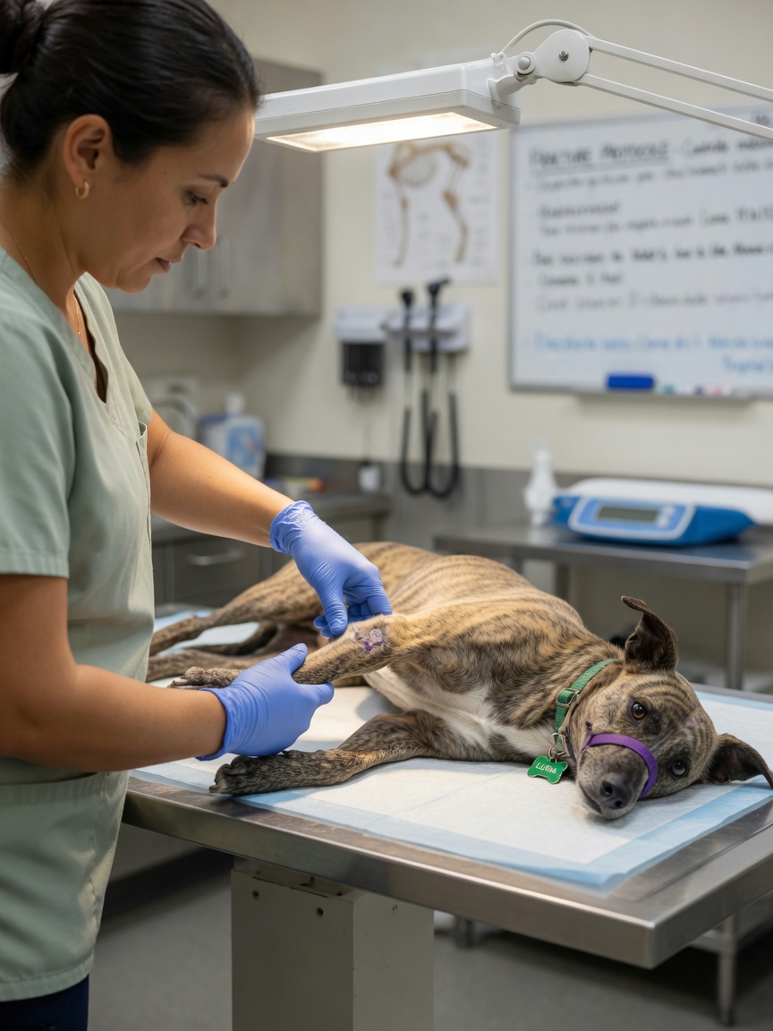 Veterinarian carefully examining a dog's leg for signs of fracture in a clinical setting