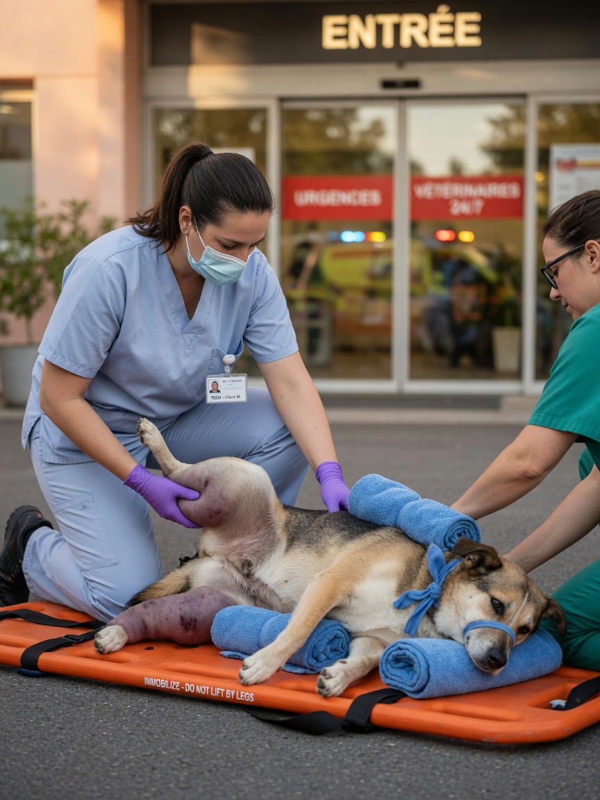 Two people carefully transferring injured dog with swollen leg onto emergency stretcher board