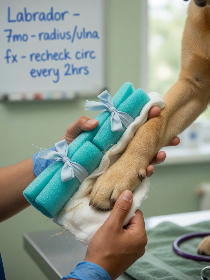 Veterinary hands securing a padded foam splint to dog's leg while checking circulation in the paw