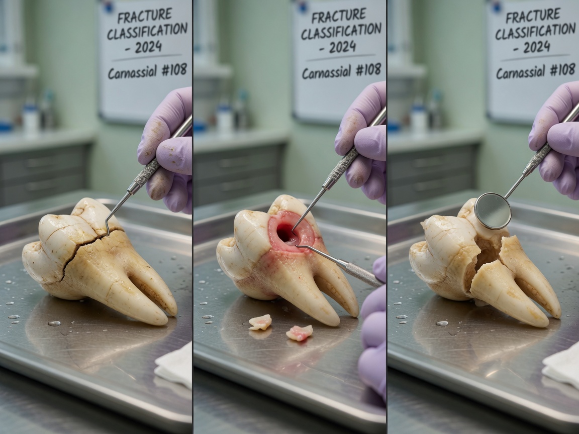 Veterinary dental examination showing three types of tooth fractures on extracted teeth samples arranged on a stainless steel tray with a dentist's hands demonstrating each injury type