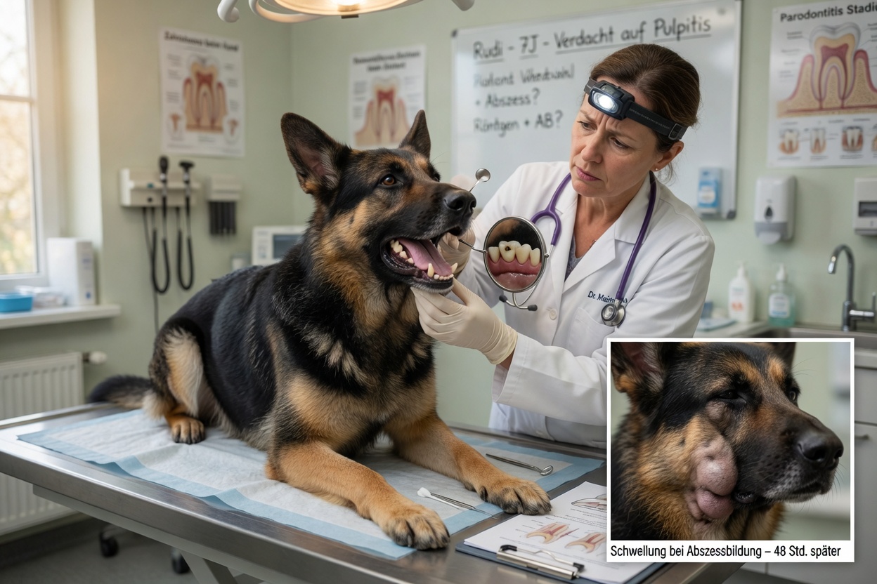 German Shepherd undergoing veterinary dental examination with vet using mirror and light to inspect for pulp exposure and signs of abscess