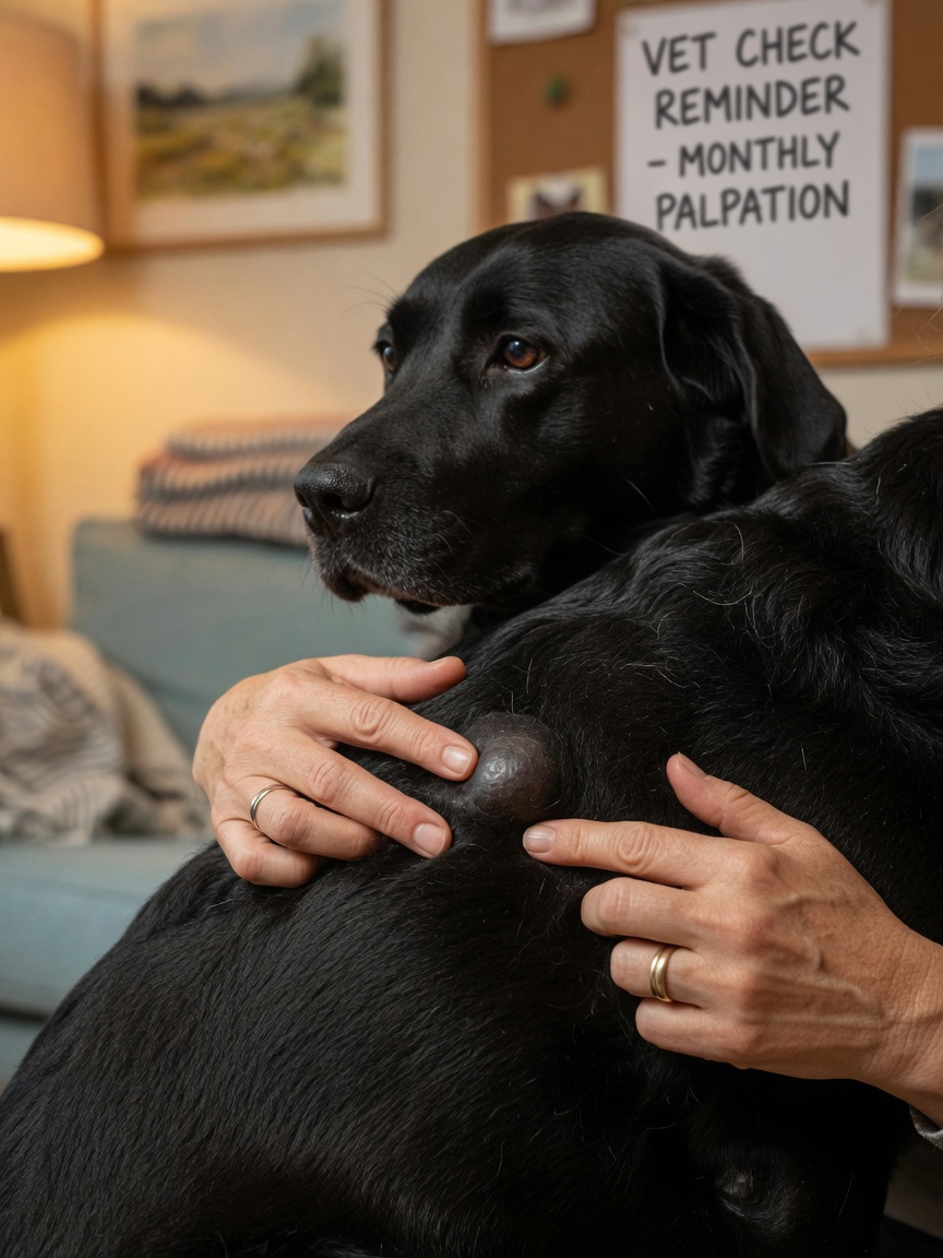 Dog owner performing a self-examination technique, discovering a lump on their labrador's shoulder during routine home checks