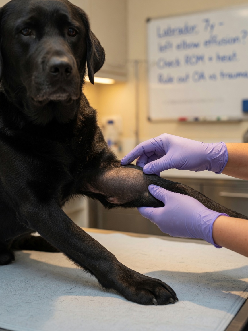 Veterinario che esamina l'articolazione gonfia di un cane durante la valutazione per possibile cancro alle ossa o osteosarcoma
