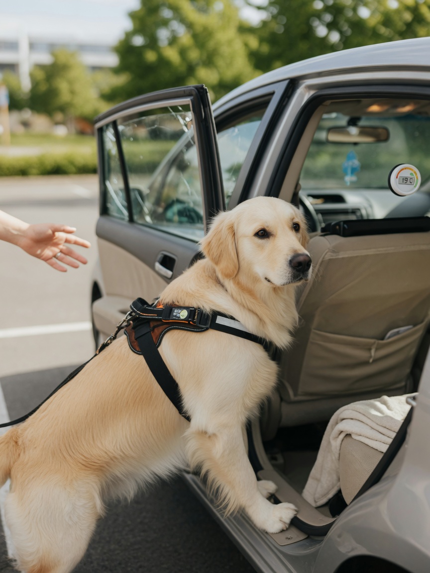 Golden Retriever wearing harness beside open car door with proper ventilation setup