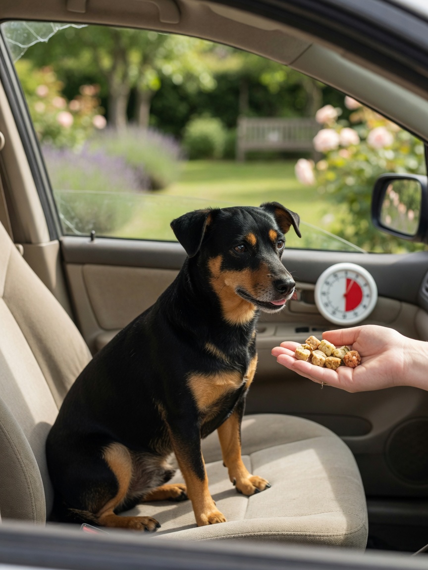 Small dog receiving treats during positive car conditioning training in parked vehicle