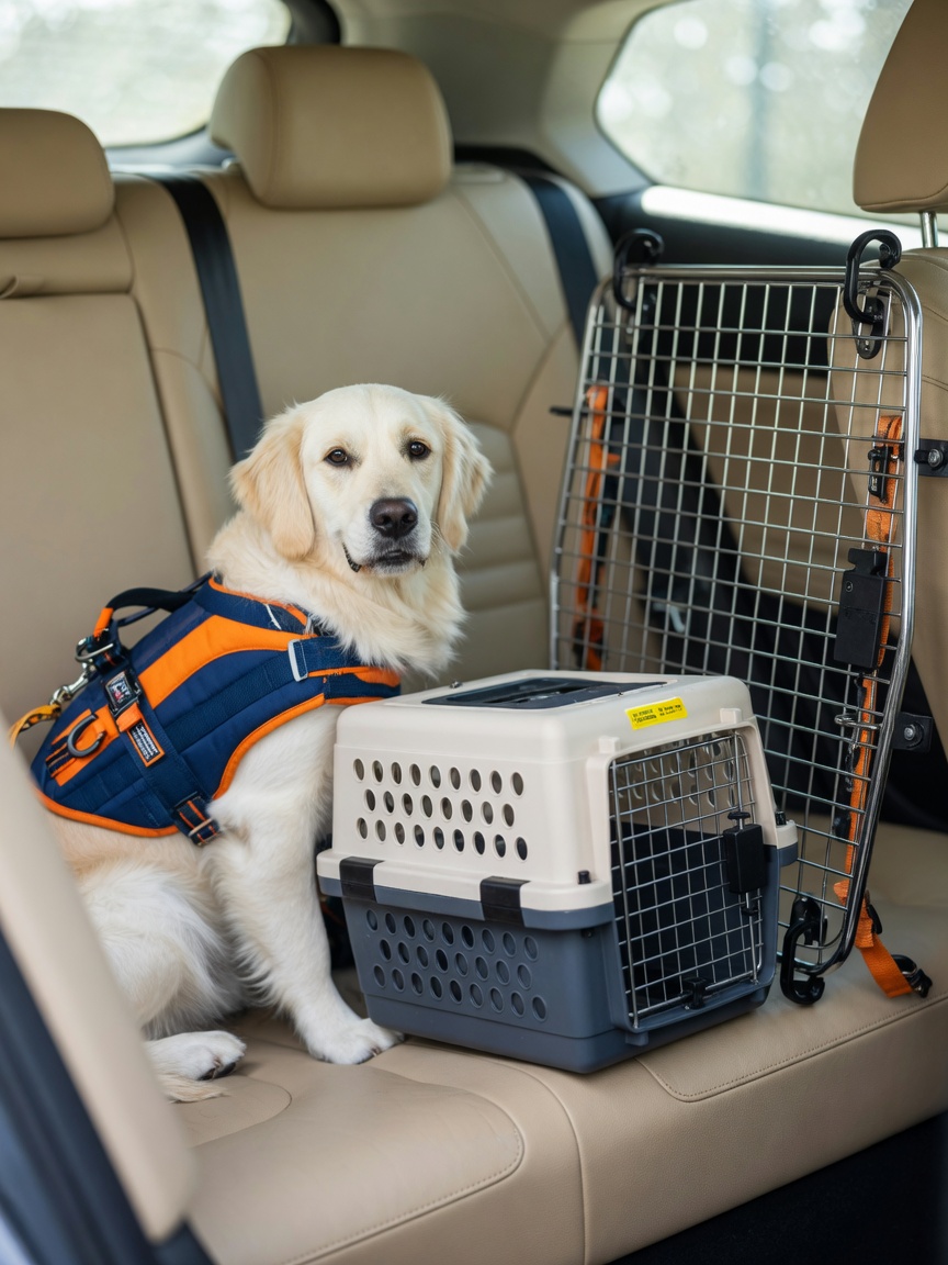 Comparison of three dog car restraint options: crash-tested harness, hard crate, and boot barrier