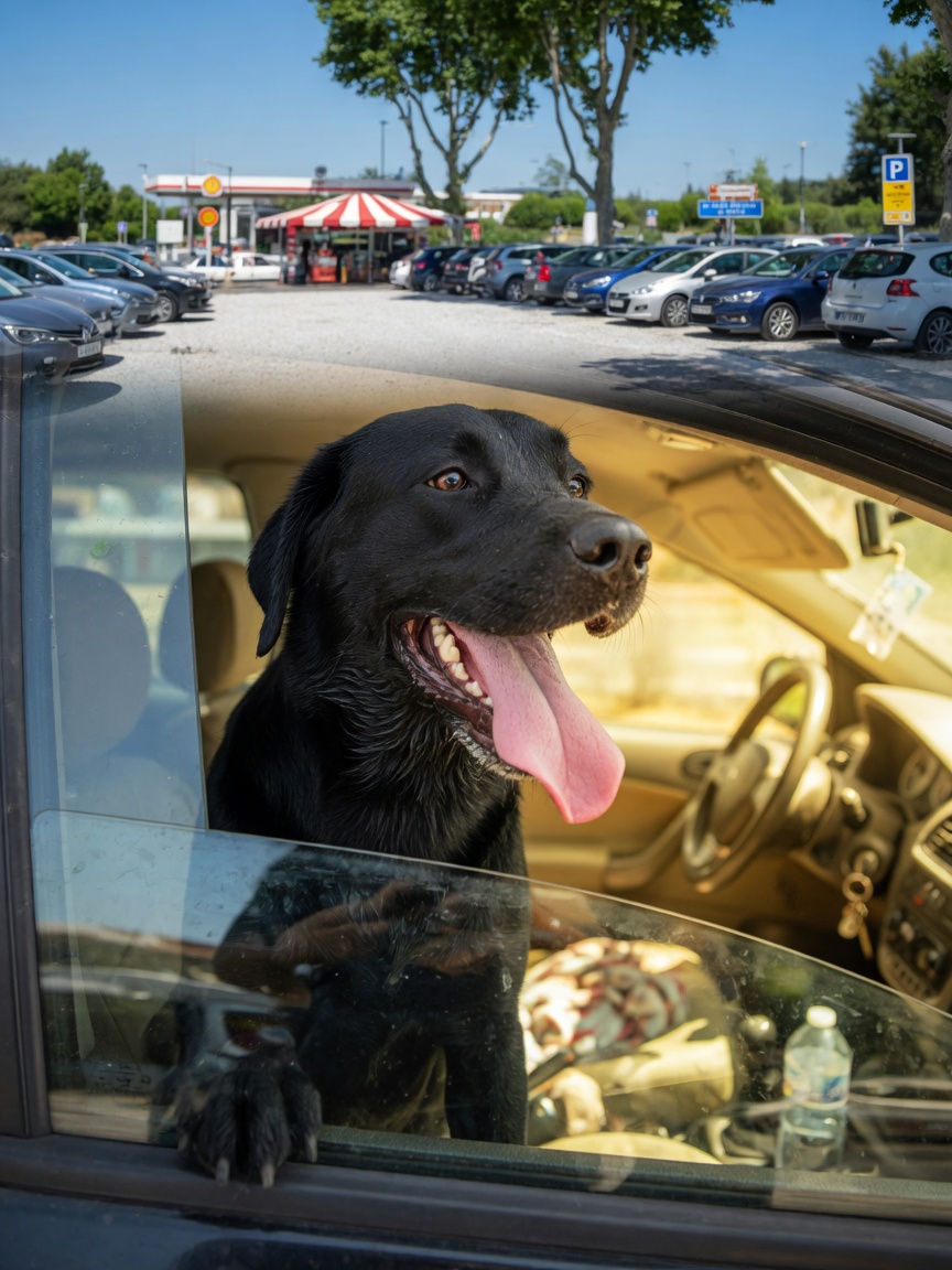 Distressed black Labrador panting heavily in an overheated parked car on a hot summer day