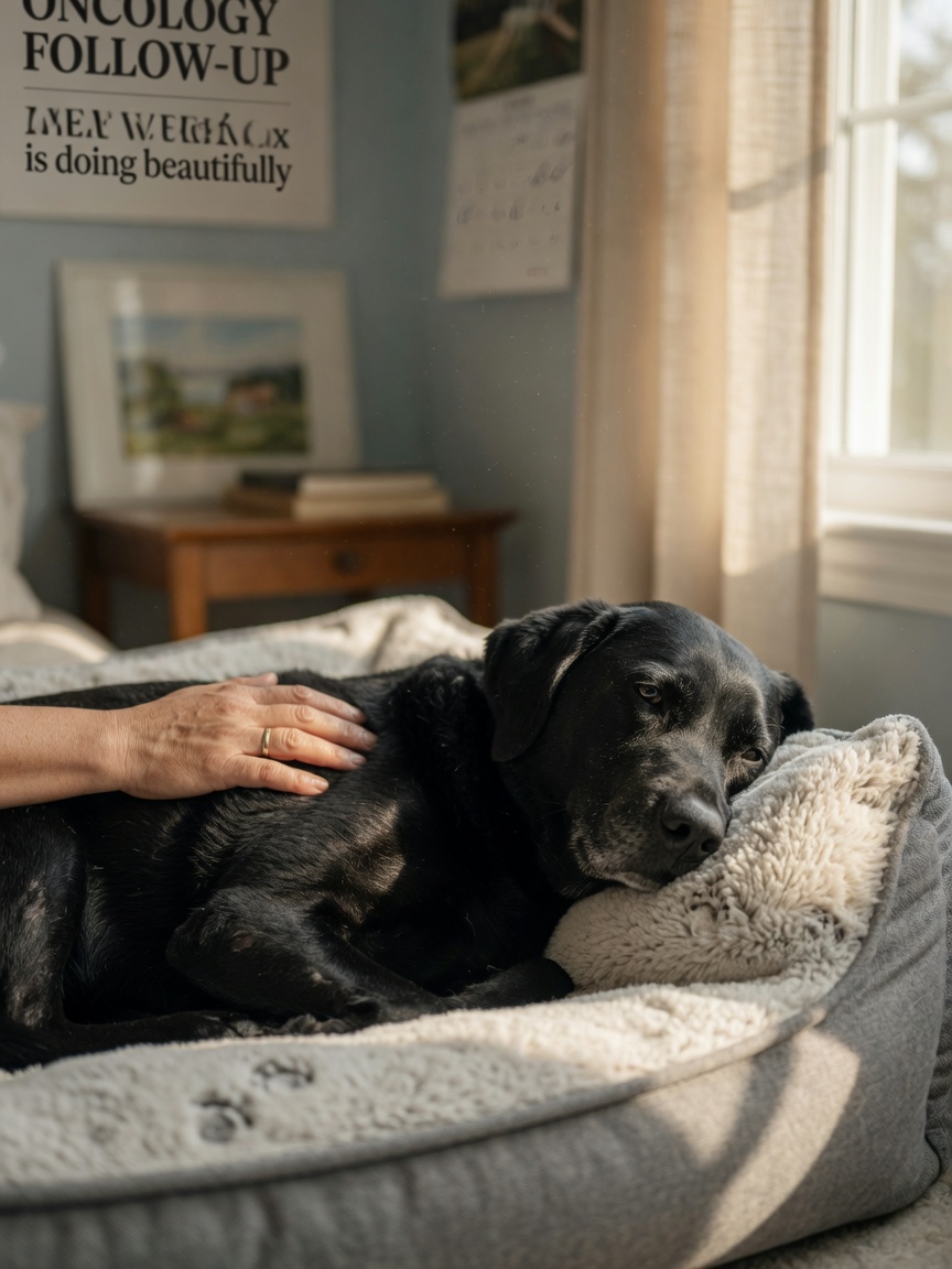 Dog resting comfortably on soft bed with owner's reassuring hand during chemotherapy recovery period