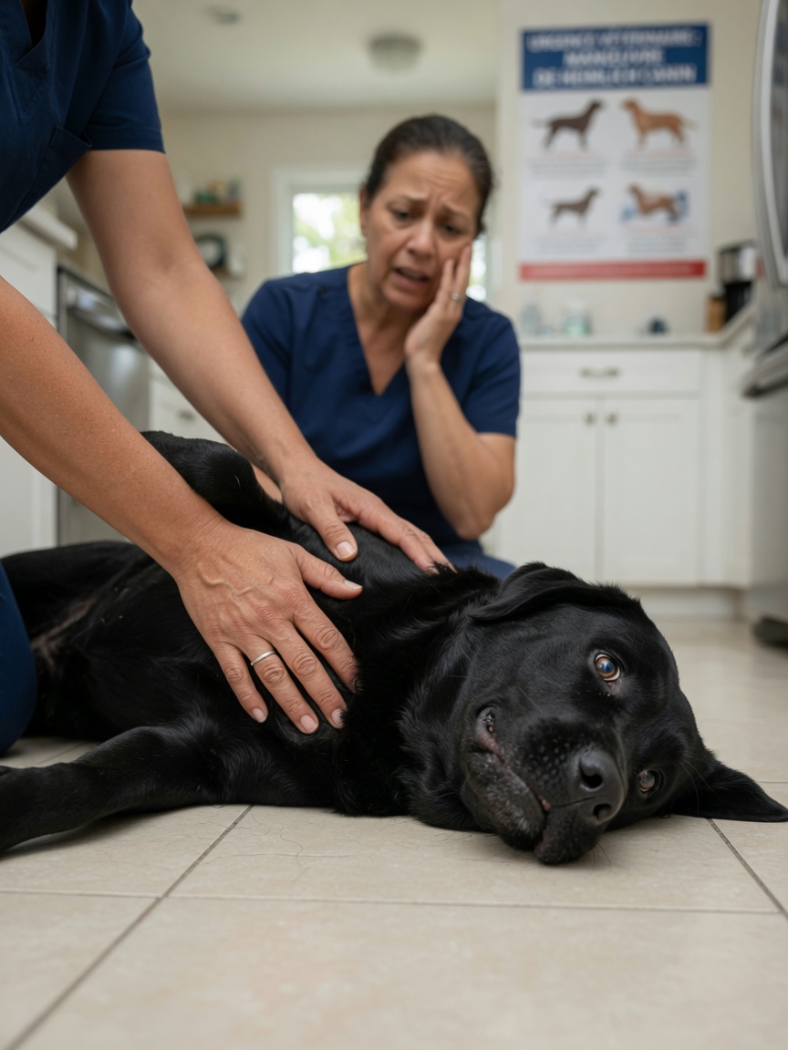 Performing the Heimlich maneuver on a choking dog in emergency first aid