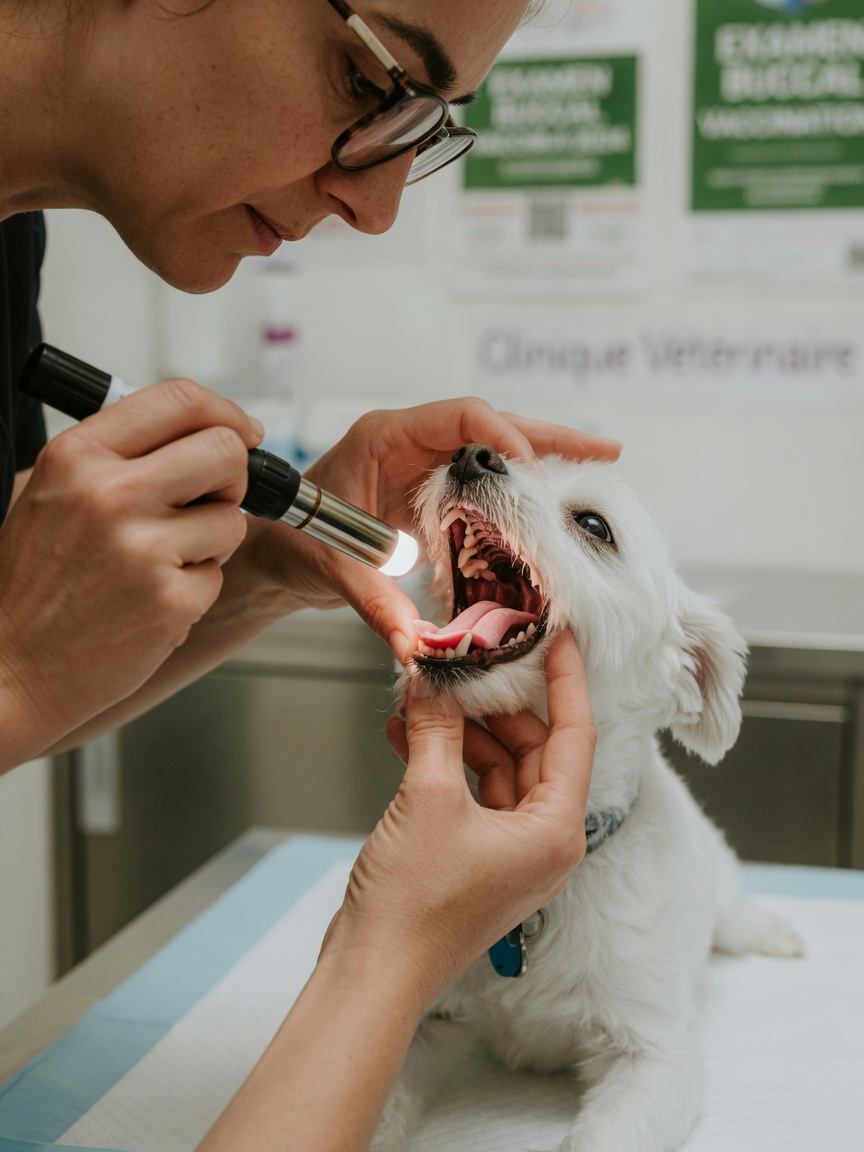 Dog owner carefully opening a choking dog's mouth and examining the throat with a pen torch during first aid