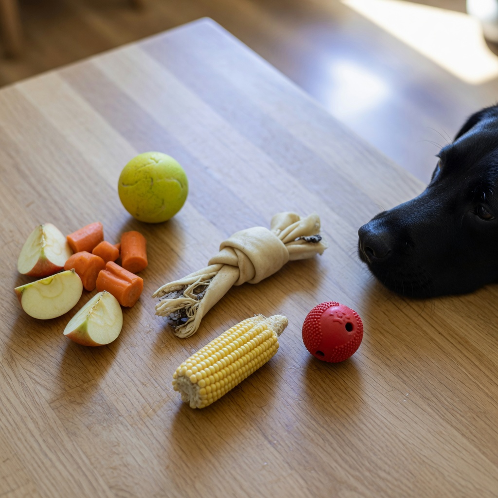 Common dog choking hazards including small balls, vegetable chunks, rawhide chew, and corn cob arranged with curious Labrador nearby