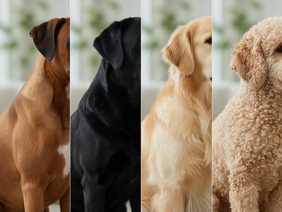 Four dogs displaying different coat types: smooth Boxer, short-coated Labrador, long-coated Golden Retriever, and curly Poodle