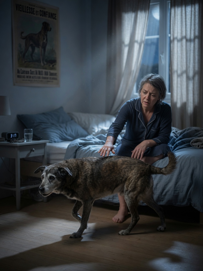 Restless elderly dog pacing at night with tired owner, illustrating sleep-wake cycle disruption in cognitive dysfunction