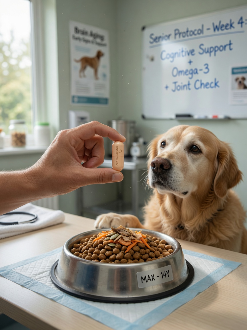 Veterinarian presenting a cognitive support supplement above a senior dog's food bowl during consultation